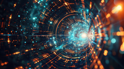 Obraz premium vibrant digital tunnel with glowing blue and orange lights, creating sense of depth and motion. intricate patterns evoke futuristic and technological atmosphere