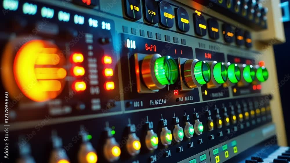 Poster close up view of a professional audio mixing console with illuminated green lights, knobs, and fader