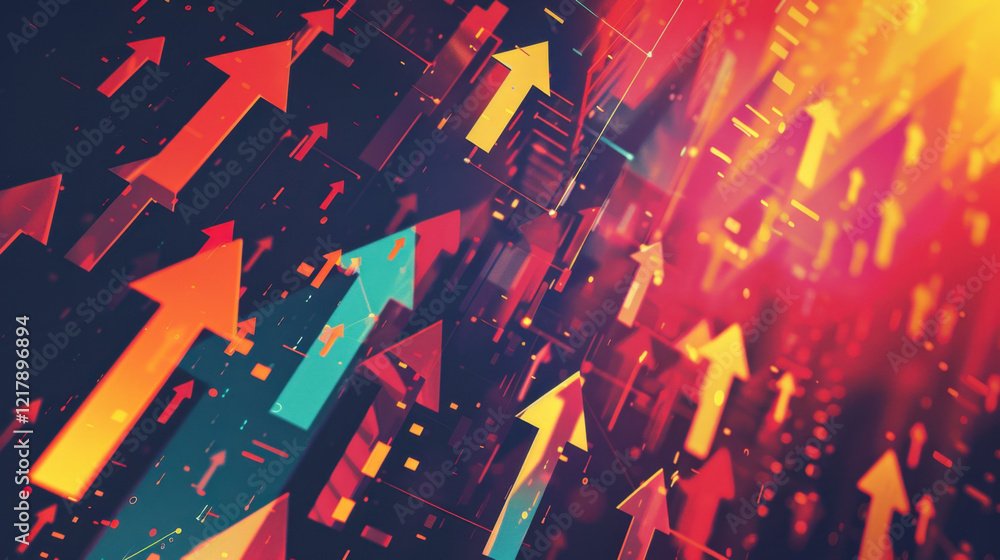 Poster dynamic abstract background with upward arrows in vibrant colors, symbolizing growth and progress