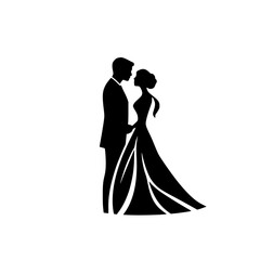 Elegant Wedding Couple Silhouette: A Romantic Black and White Illustration of a Bride and Groom