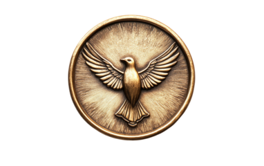 Badge featuring a dove with a glowing cross in the center isolated on transparent background.