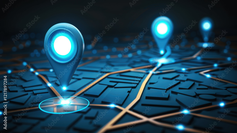 Poster digital map with glowing location pins, representing navigation and technology. blue markers highlig