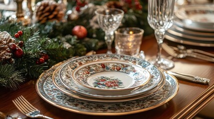 Fototapeta premium Festive holiday table setup, close-up of elegant place settings