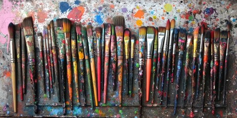 Colorful Paintbrushes Resting on a Splattered Palette