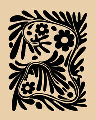 A modern, minimalist floral design with abstract shapes in beige and black.
