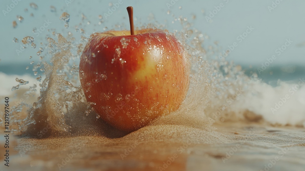 Poster apple splashing in shallow ocean waves at the beach generative ai