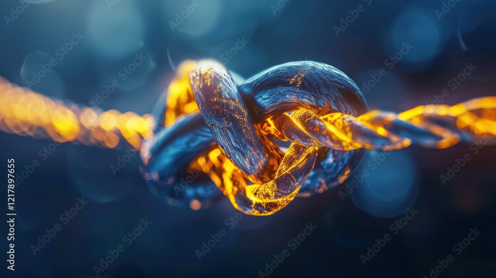 Poster close up of twisted metal chain with glowing elements, symbolizing strength and connection. intricat