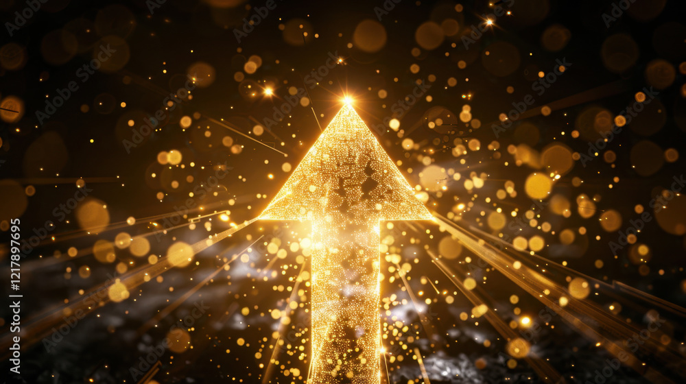 Poster golden arrow symbolizing progress and success, surrounded by sparkling lights and bokeh effects, cre