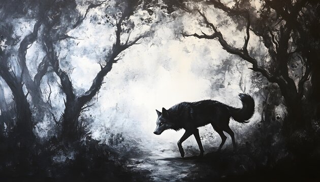 Black Wolf Walking Through a Misty Forest