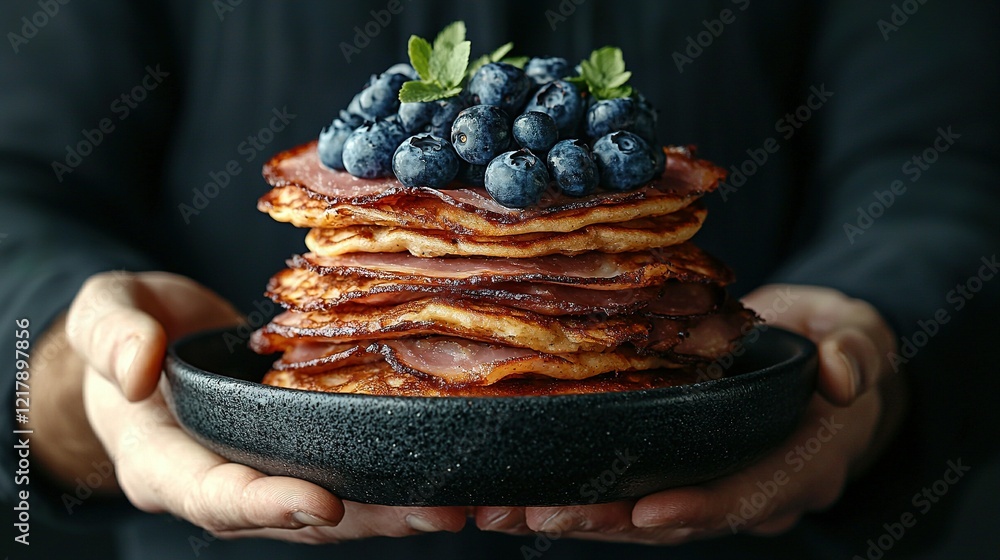 Poster a plate with blueberries on top of pancakes and bacon on the bottom is seen in a close-up image