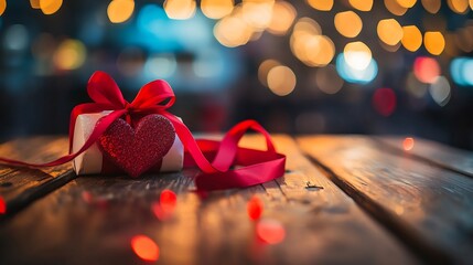 Romantic Valentines gift with a red ribbon placed on a wooden table exuding a cozy and loving atmosphere