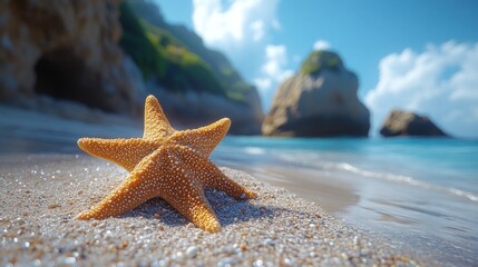 Starfish on a sandy beach with rocks and turquoise sea in the background landscape