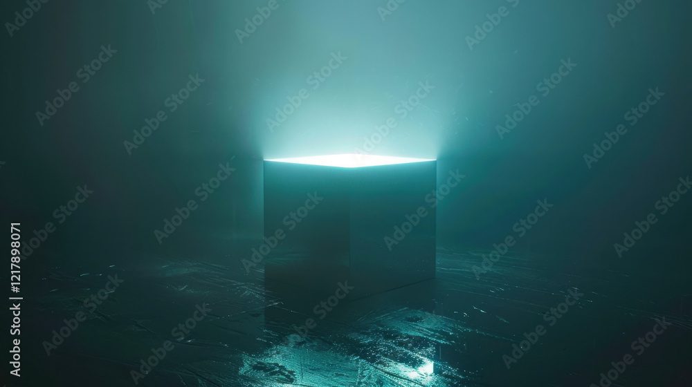 Poster glowing cube in misty environment creates mysterious atmosphere. light emanating from cube contrasts