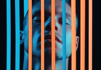 Serene young man behind blue and orange neon light bars creating bold, modern visual contrast in dark artistic ambiance with reflective expressions