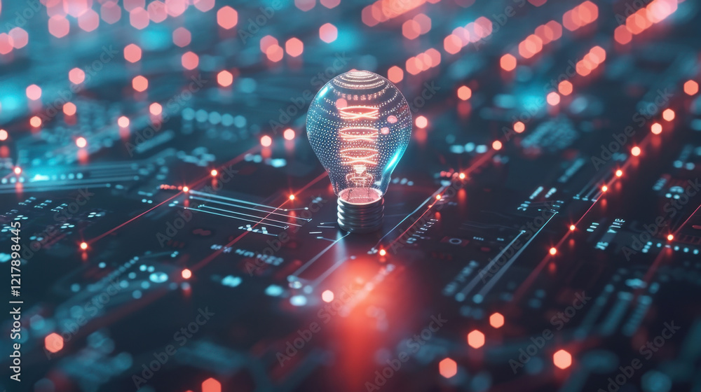 Poster glowing light bulb on circuit board, symbolizing innovation and technology. vibrant colors and intri