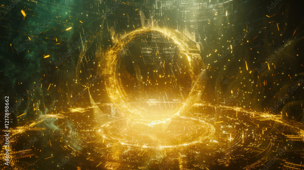 Poster glowing golden portal surrounded by digital patterns and particles, creating mystical atmosphere. sc