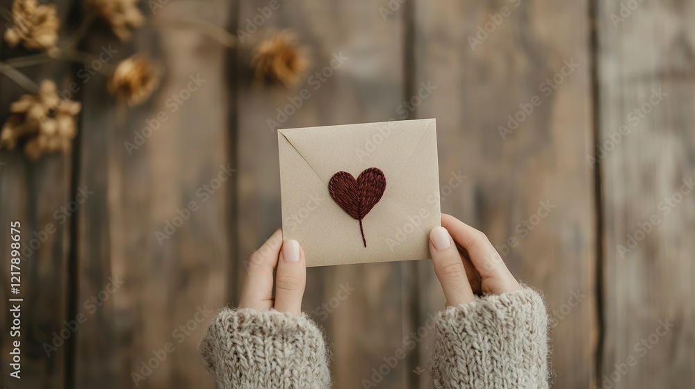 Poster a person holds a sheet of paper with a heart symbol and a string connected to an envelope