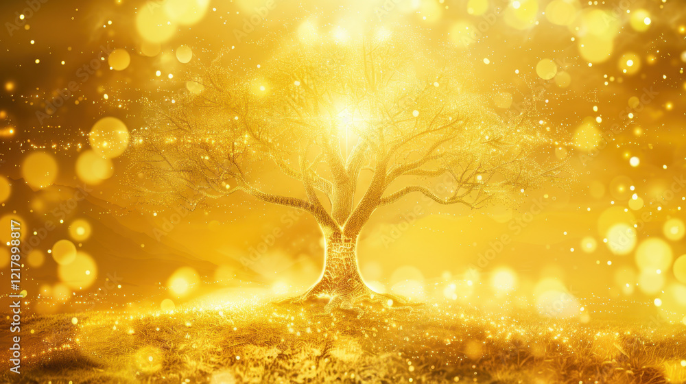 Poster glowing golden tree surrounded by shimmering lights and sparkles, creating magical atmosphere. scene