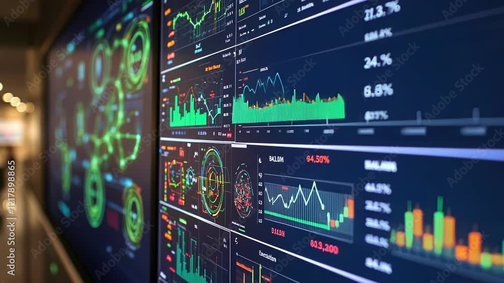 Aufkleber multiple computer screens displaying various colorful charts, graphs, and data visualizations, repre