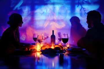 dimly lit scene with silhouettes of 3 people at table with bread rolls, wine bottle and wine glasses filled with red wine and candles, artistic lighting on wall in background. hospitality and comfort.