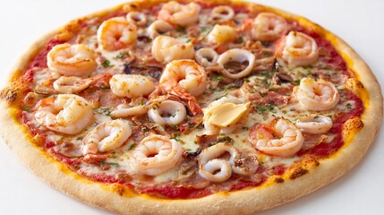 Seafood pizza topped with prawns calamari and garlic butter on a thin crust placed neatly on white