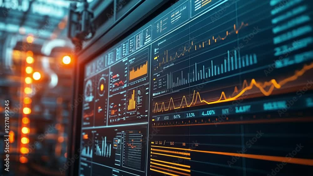 Poster large screen showcasing various charts, graphs, and data visualizations in a dark, industrial settin