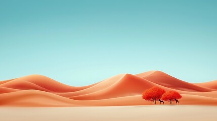   A serene desert landscape featuring two prominent trees against a vast expanse of cerulean sky dotted with sporadic clouds