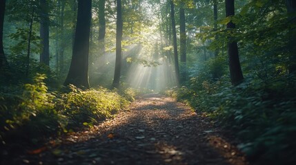 Fototapeta premium Forest trail with trees, close-up of sunlight filtering through trees, lush greenery