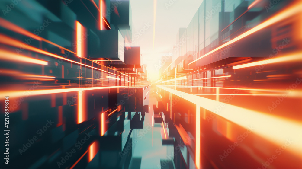 Poster futuristic digital landscape with glowing lines and abstract structures