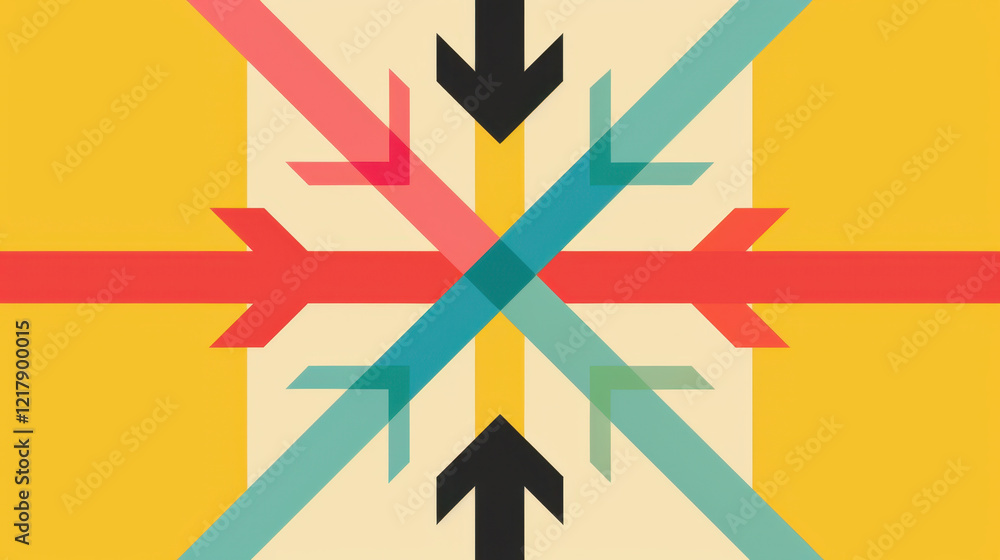 Poster geometric abstract design featuring colorful arrows intersecting on yellow background, creating dyna