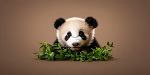 Fototapeta premium A baby panda hiding behind a small bush, peeking out shyly.