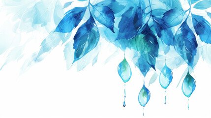 Obraz premium serene watercolor illustration of blue leaves with droplets, evoking tranquility and nature beauty. Perfect for calming designs