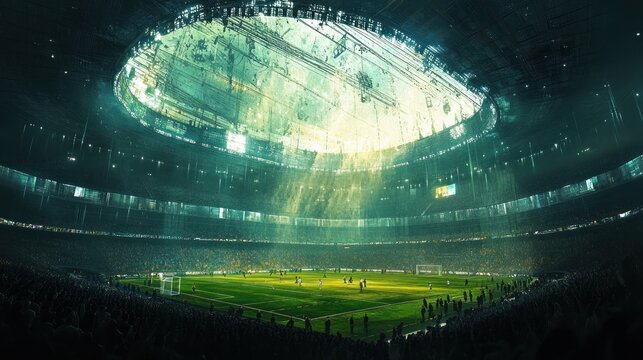 Illuminated Domed Sports Stadium with Packed Crowd Watching a Thrilling Night Match on the Lush Grassy Field Below