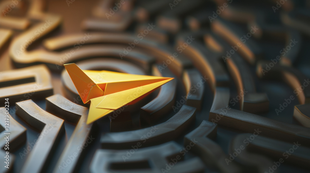 Poster yellow paper airplane rests complex maze, symbolizing creativity and problem solving. intricate desi