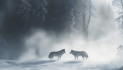 Fototapeta premium Two Wolves Encounter in a Misty Winter Forest