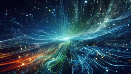 Fototapeta premium A futuristic background of glowing light blue and green lines, data particles flowing in the air. Streaming data. Data Flow.