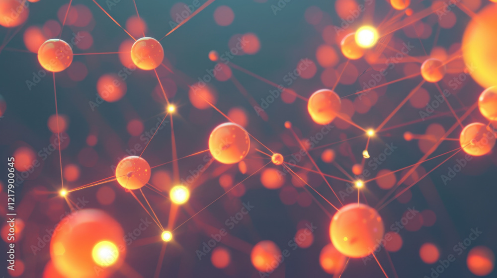 Poster abstract representation of molecular structures with glowing particles and connections, showcasing v