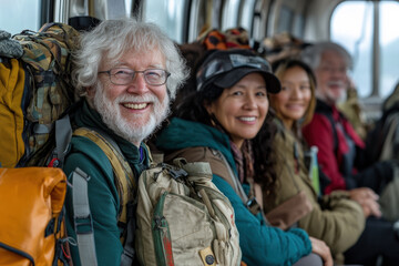 Fototapeta premium Happy group of hikers on a journey, smiling group of diverse hikers seated inside a transport vehicle, ready for an outdoor adventure, showcasing joy and companionship in nature.
