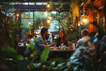 Enjoy an evening at an outdoor restaurant with friends, dinner amidst fairy lights, greenery, and cozy atmosphere
