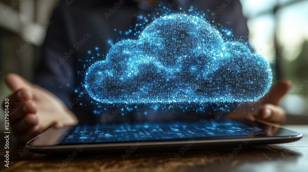 Poster digital cloud computing data processing on tablet