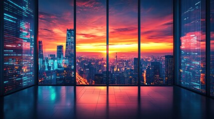 Breathtaking cityscape with towering skyscrapers reflective glass facades and a vibrant sunset backdrop