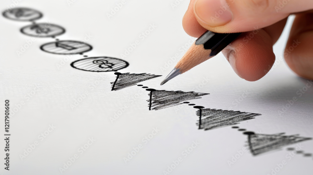Poster drawing sequence of geometric shapes with pencil, showcasing creativity and design skills. hand is f