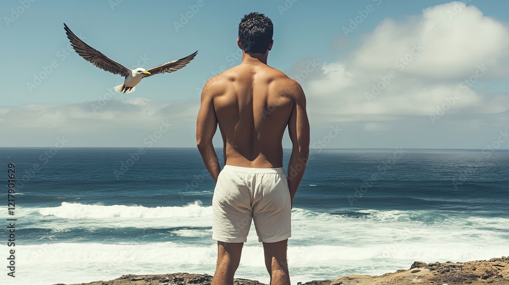 Poster man gazes at ocean while seagull soars overhead generative ai