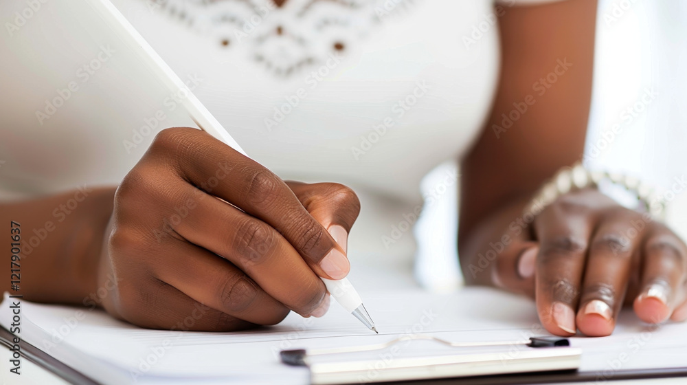 Poster writing with pen on clipboard, showcasing focused hand. image captures essence of productivity and c