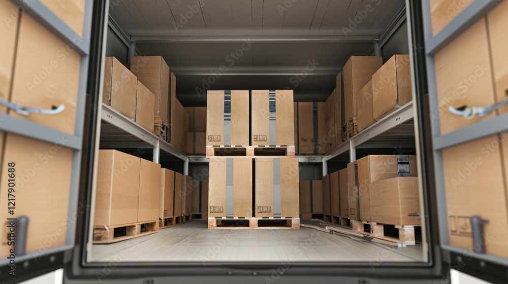 Poster view inside storage container filled with stacked cardboard boxes on pallets, showcasing organized i