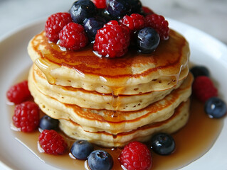 Stack of pancakes with berries and syrup