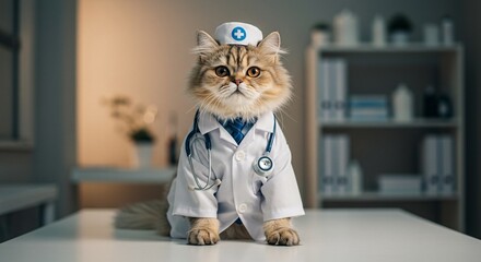 A tabby cat dressed as a doctor wearing a coat, stethoscope, and nurse cap, representing animal health care, veterinary professionals and pet humor.

