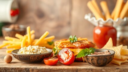 Delicious Homemade Cheeseburger with Fries, Dips, and Breadsticks - Rustic Food Photography
