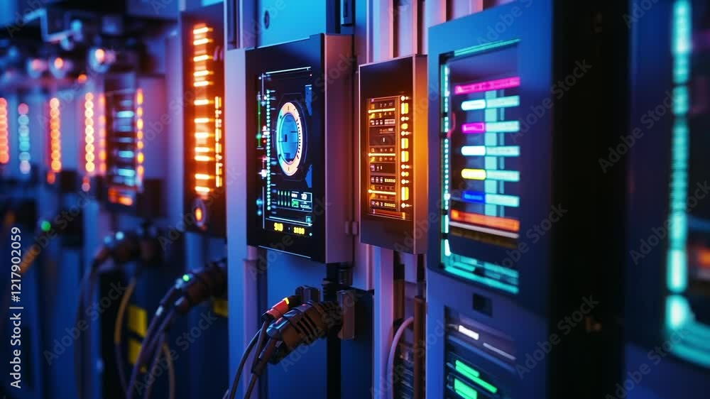 Poster futuristic control panel showing graphs and data analysis on a screen, monitoring the performance of