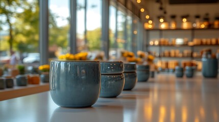Blue Ceramic Cups On A Table Near A Window